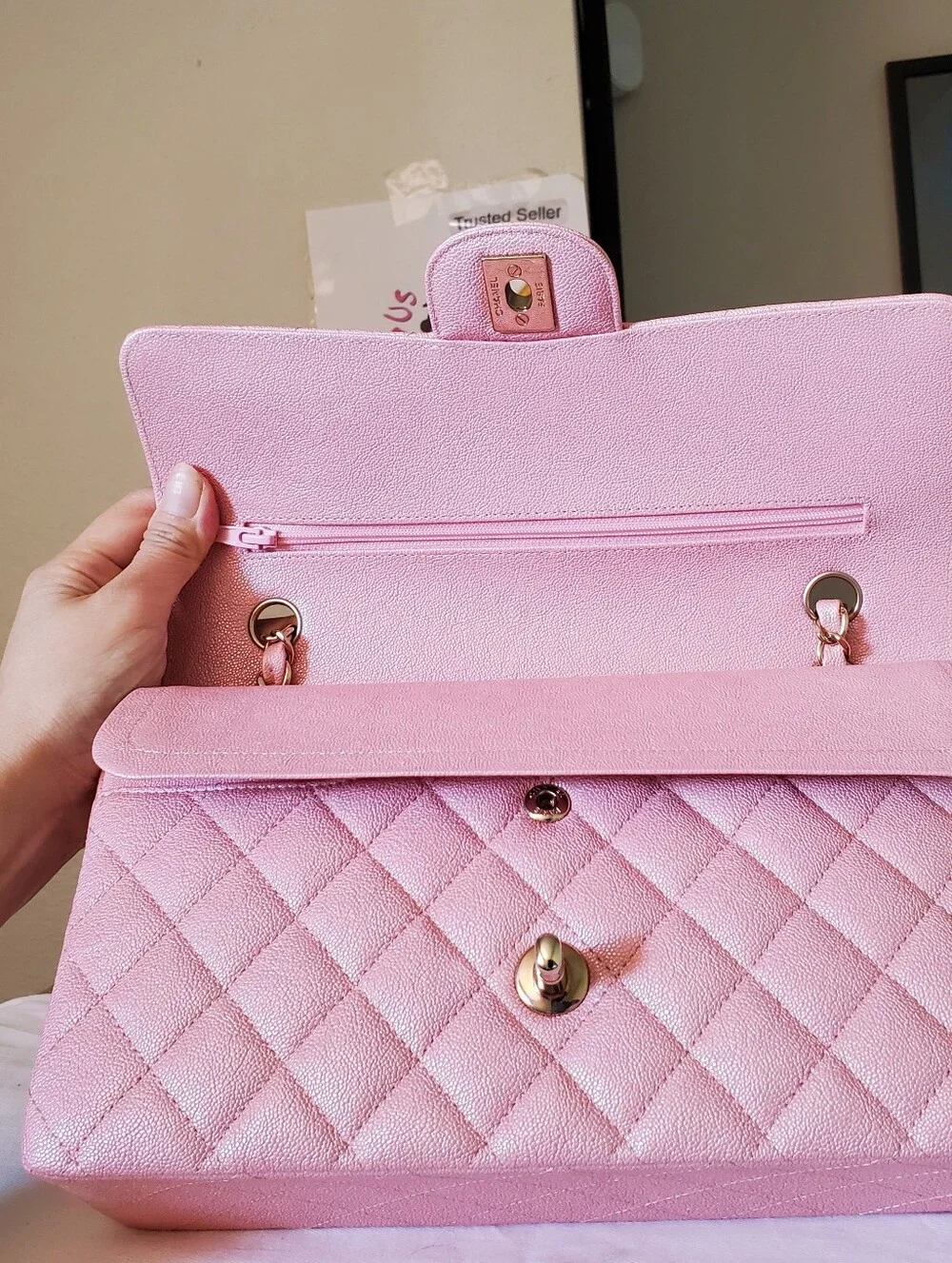 Chanel Classic Iridescent Pink Caviar Medium Gold Hw Bag