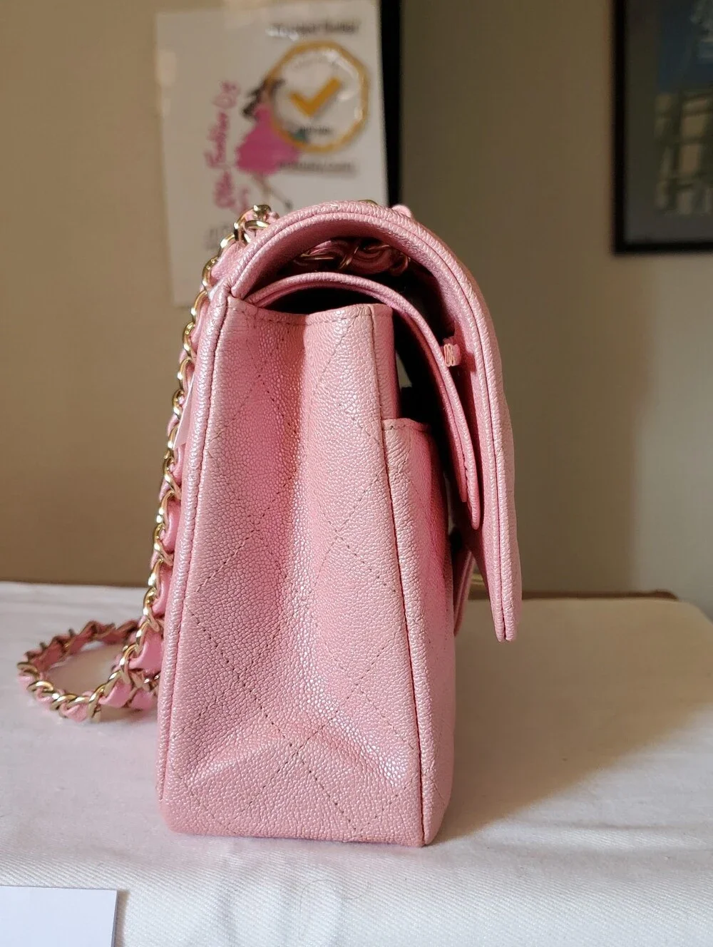 Chanel Classic Iridescent Pink Caviar Medium Gold Hw Bag