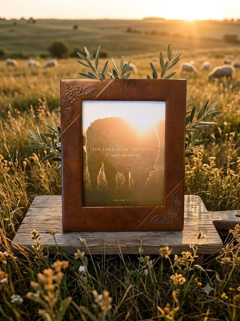 Custom leather-framed Scripture art print Minimalist silhouette of a sheep