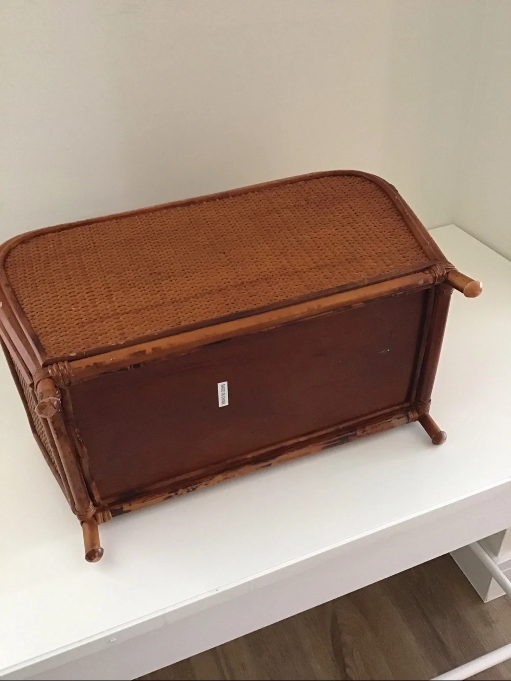 Vintage 1950s magazine rack bent bamboo frame, woven rattan side