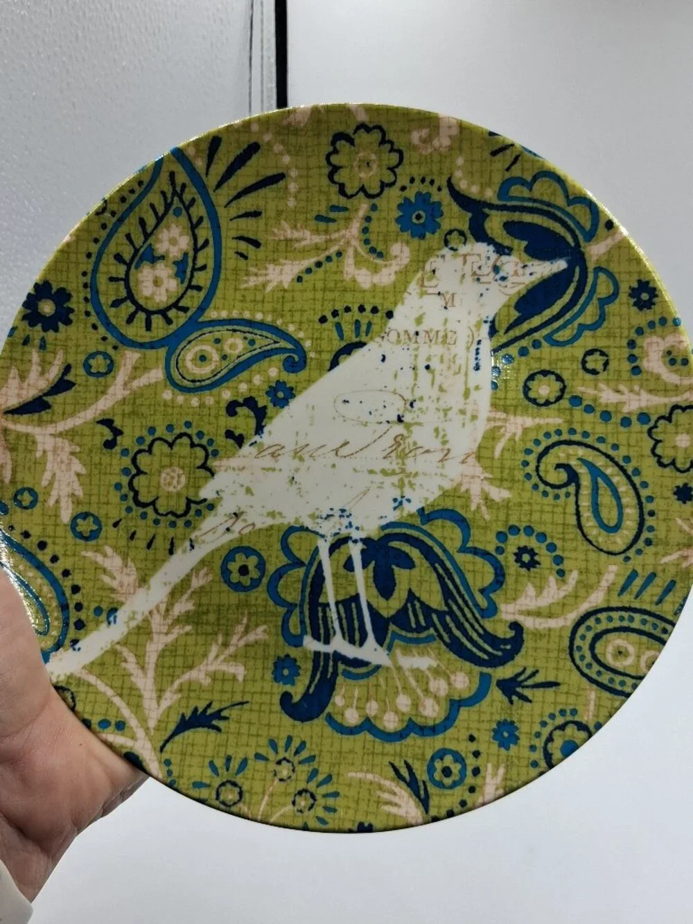 2 Vintage Pier 1 Imports Green/Blue Paisley Bird Salad/Dessert Plates 7 3/4” EUC