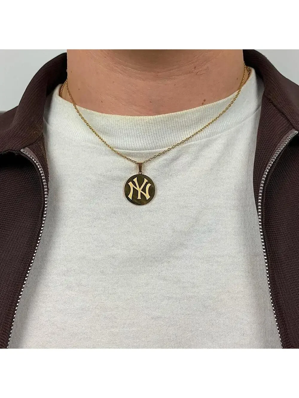 Y2k 2000s New York Yankees Circle Pendant Stainless Steel Gold Plated necklace.