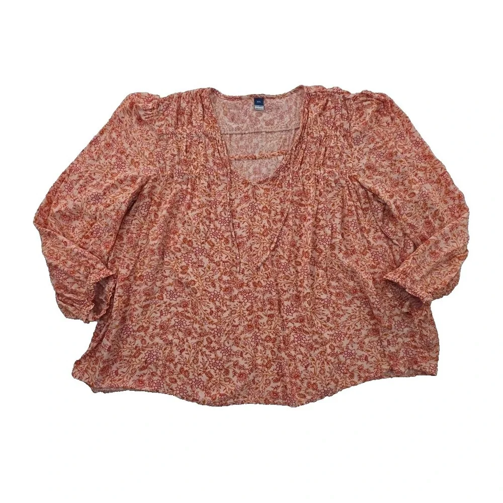 Old‎ Navy Puff Sleeve Tunic Blouse Womens XXL Orange Floral 3/4 Sleeve Bohemian