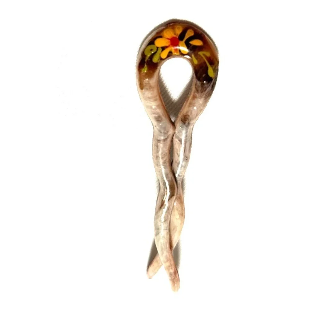 Vintage Mid-Century French Hair Pin Hand-Painted Floral Celluloid Lucite U-Pin