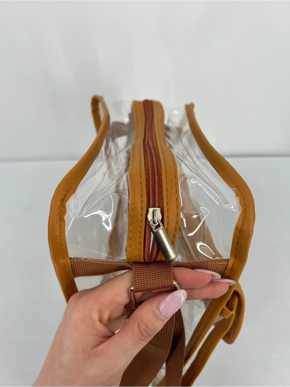 Clear pvc Crossbody Stadium Approved Travel concert game day Makeup Bag Brown