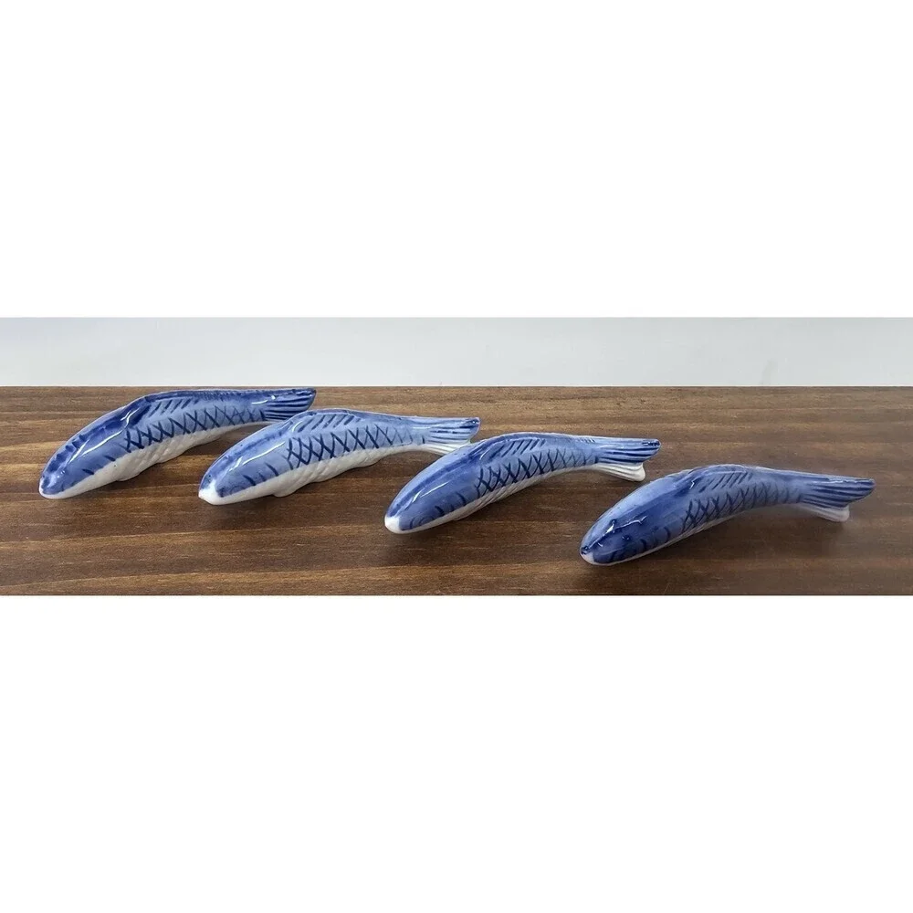 Japanese Porcelain Fish Chop Stick Rests Set of 4 Blue & White Asian 3.5” Length