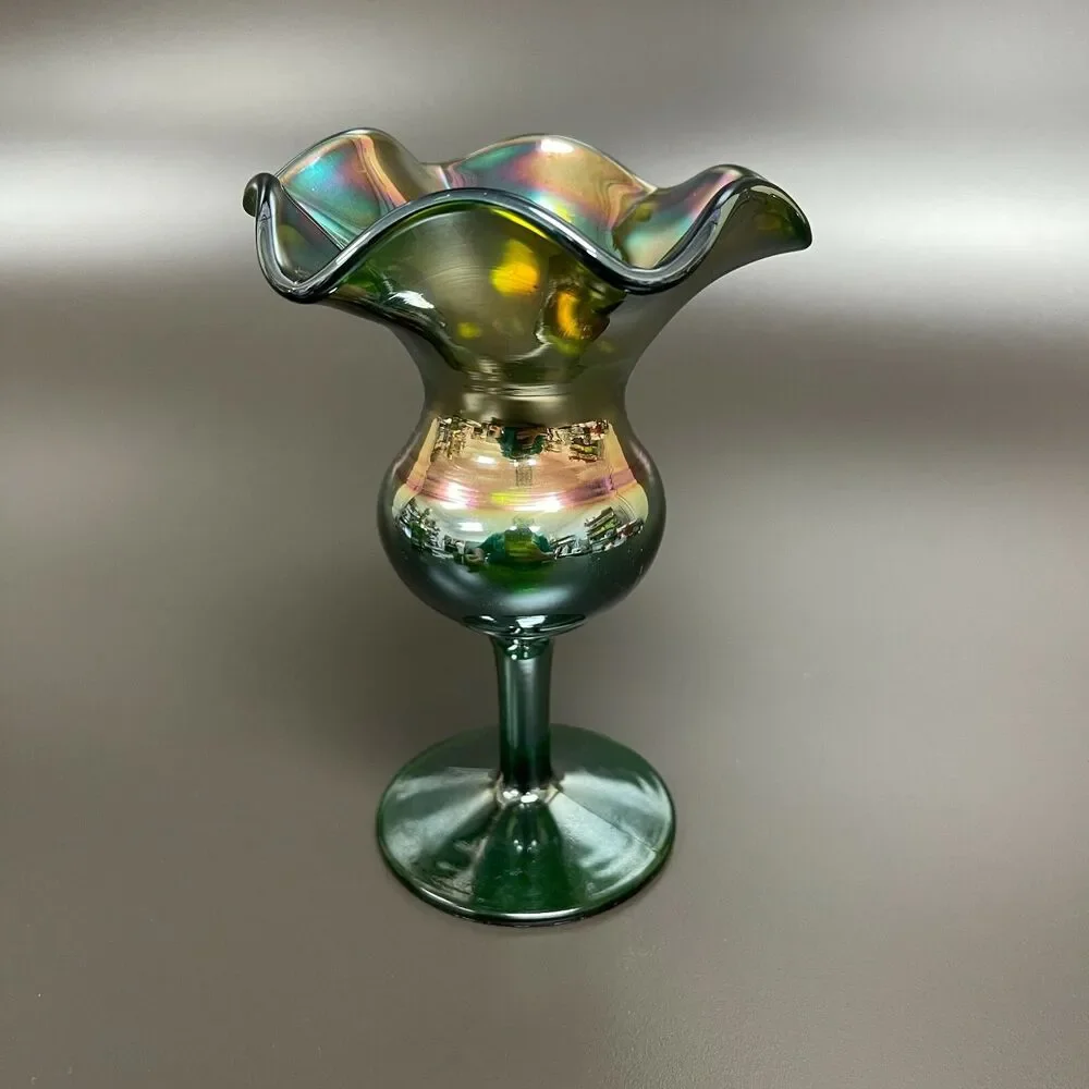Dugan‎ Glass Green Multicolor Compote Vase Ruffle Tulip 6 3/8