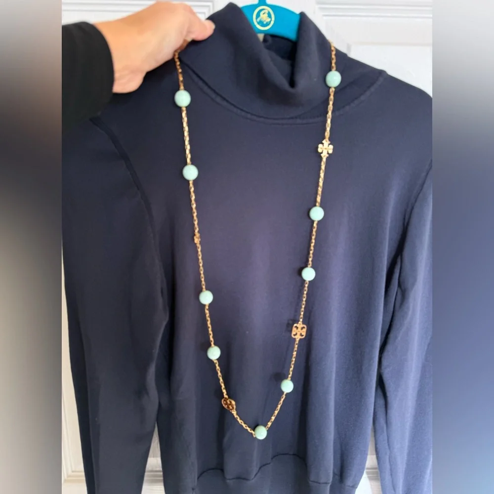 Tory Burch  Logo Station Necklace Green Mint and Gold Tone Long Necklace