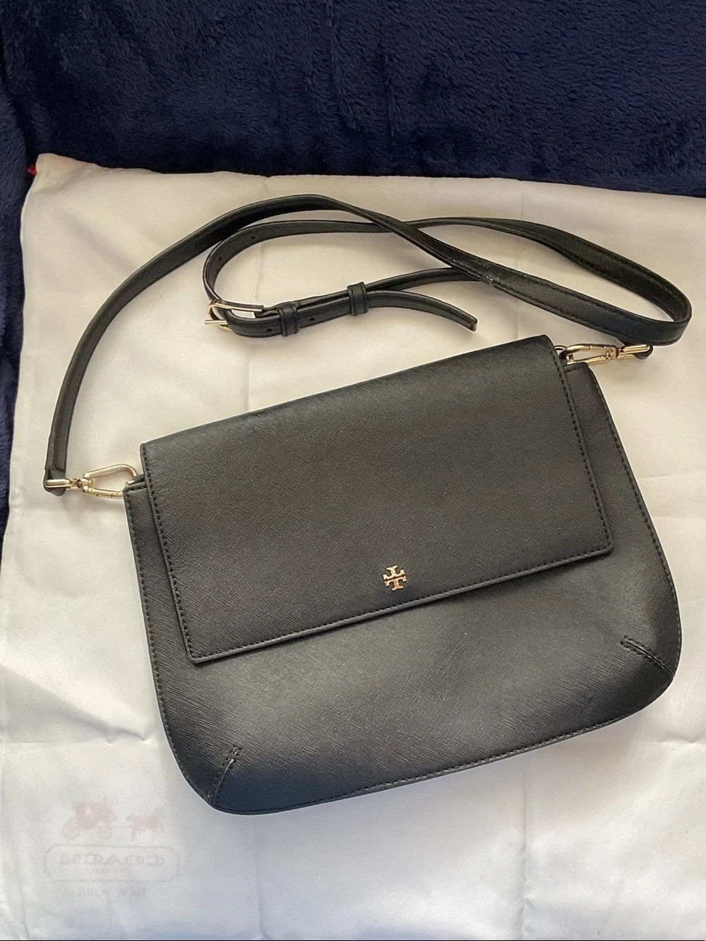 Tory Burch Black Leather Flap Crossbody with Gold Logo