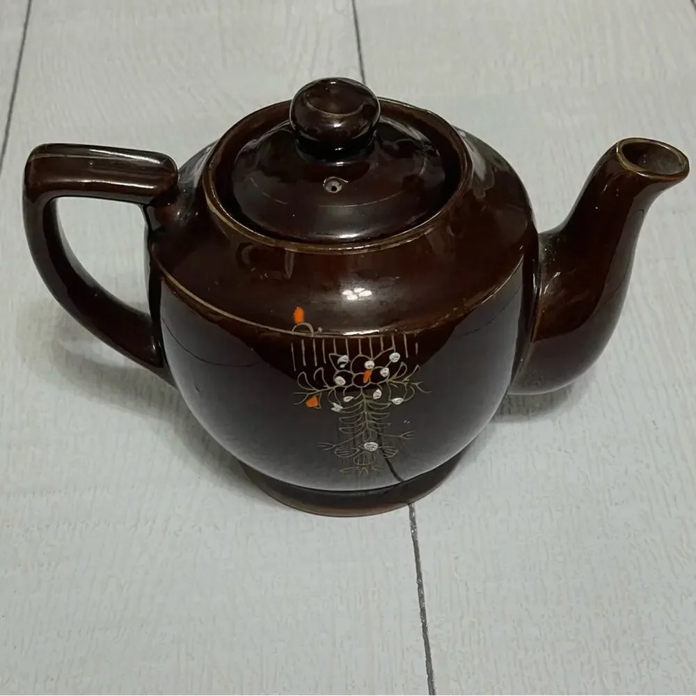 Vintage Hand Painted Japan Brown Floral Ceramic Teapot