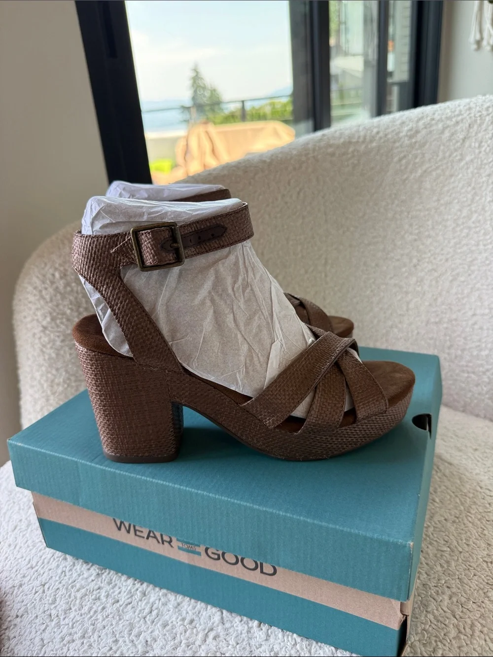 TOMS Majorca Ankle Strap Platform Sandal hot chocolate raffia size 6.5 NWT