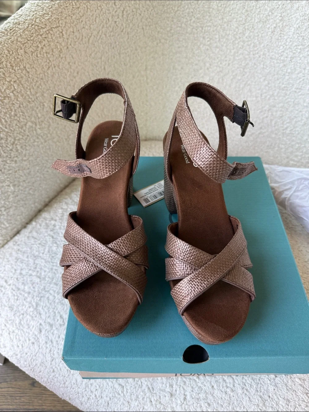 TOMS Majorca Ankle Strap Platform Sandal hot chocolate raffia size 6.5 NWT