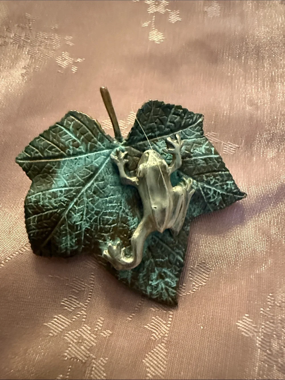 Teal Green Leaf & Frog Terrarium double pin brooch sterling and bronze
