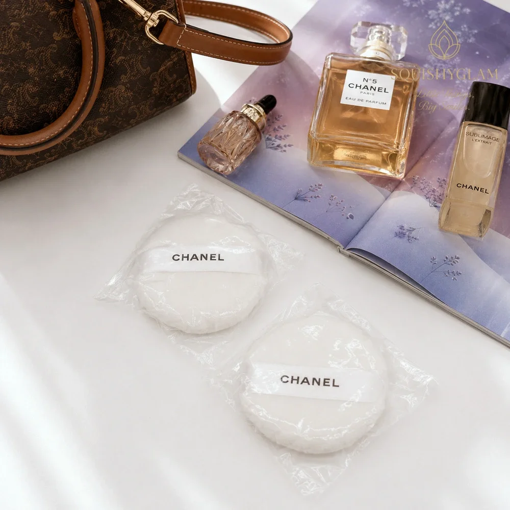 2 x Chanel Beauty White Velour Powder Puff Satin CC Ribbon Full Size Counter New