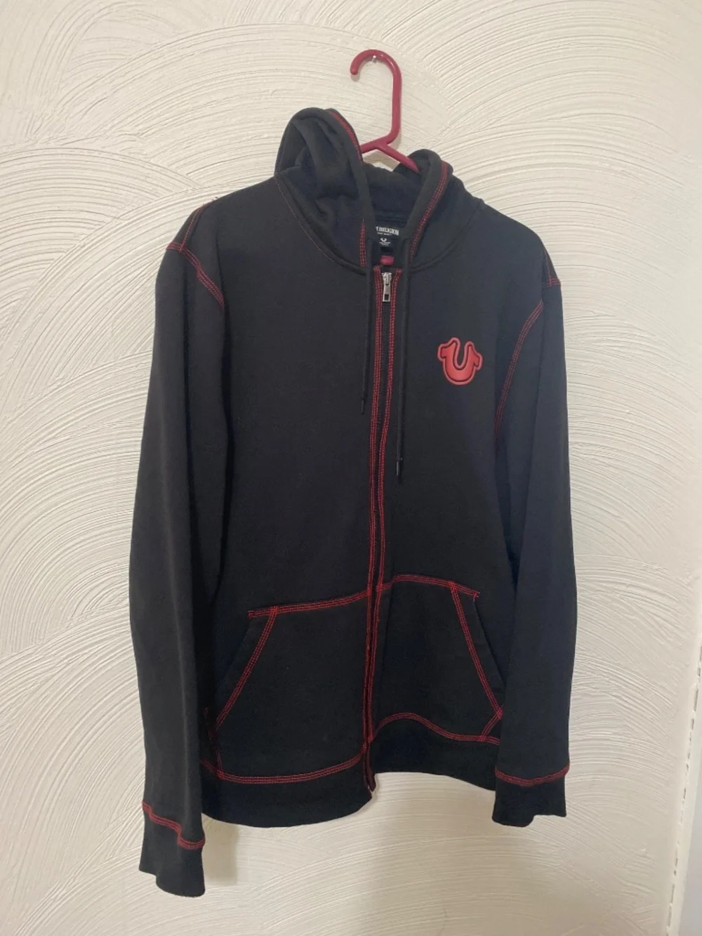 True religion red & black 2XL Mens zip up jacket hoodie puff Buddha hoodie