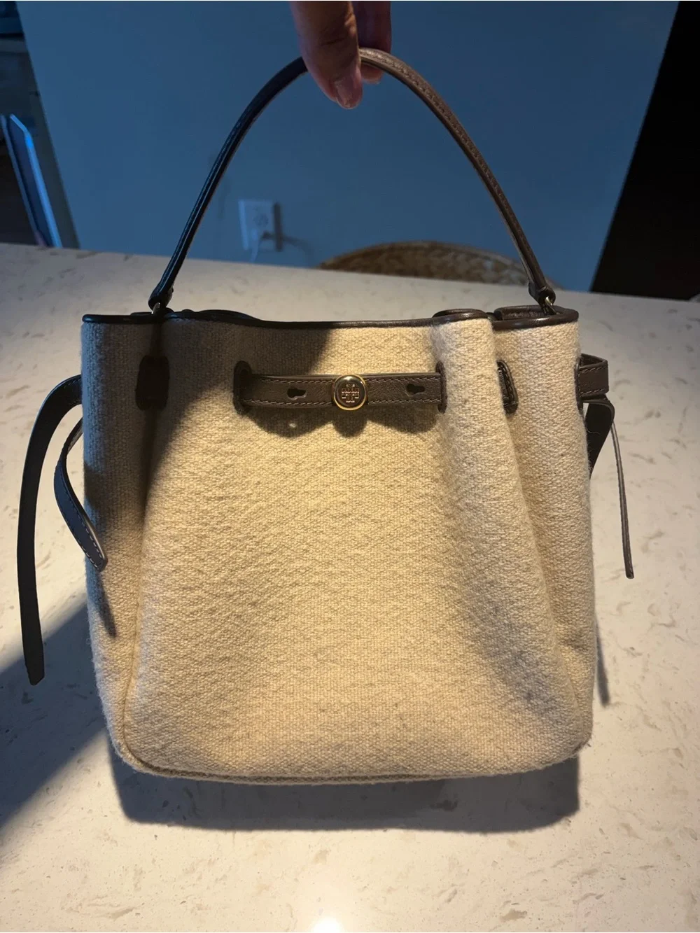 Tory Burch Cream Wool Crossbody Tote with Brown Leather Trim