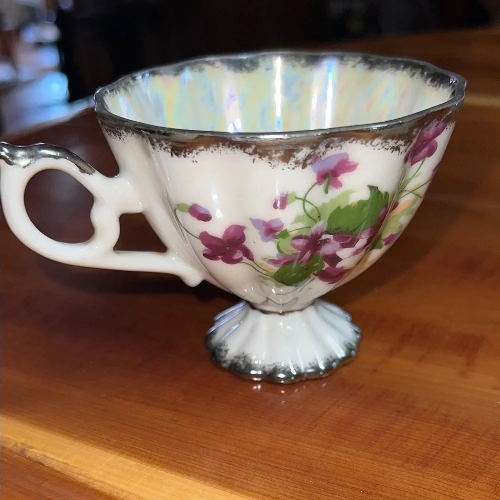 Vintage Fred Roberts Japan Iridescent Teacup with Silver Handle Delicate