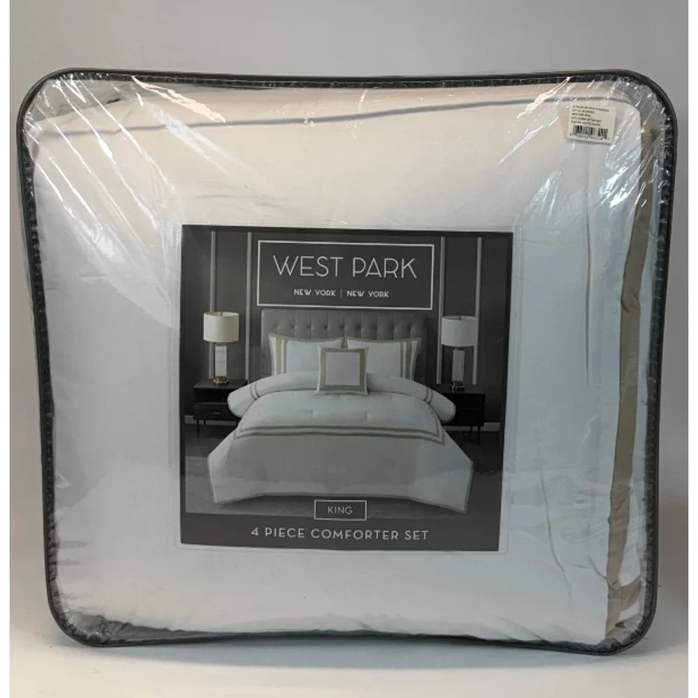 West Park New York Border Pattern White/Taupe King 4-Piece Comforter Set