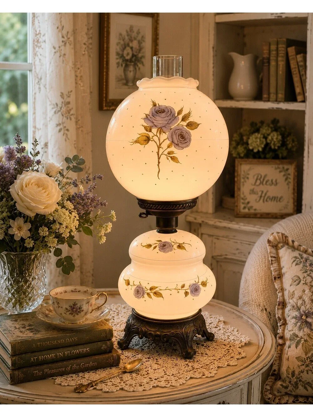 Vintage Gone With the Wind Hurricane Lamp Blue Roses 3-Way Satin Glass 21