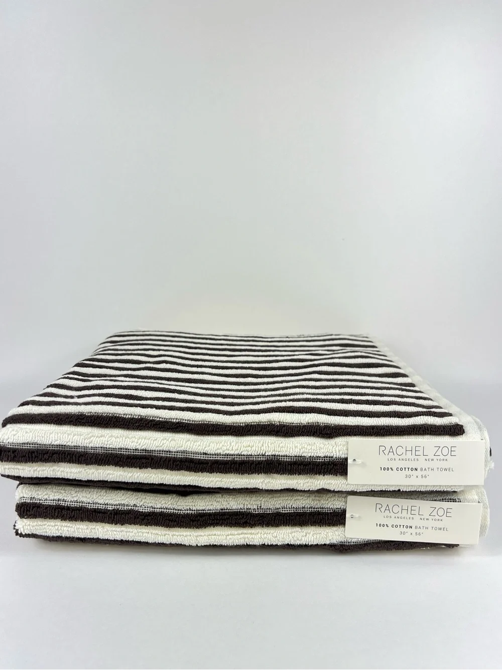 Rachel Zoe Bath Towels Brown and Cream Striped Soft 100% Cotton 2 Pc NEW