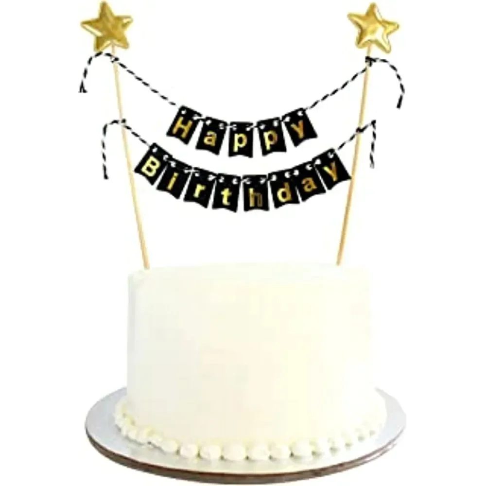 Happy Birthday Black Gold Large Cake Topper Banner NWT