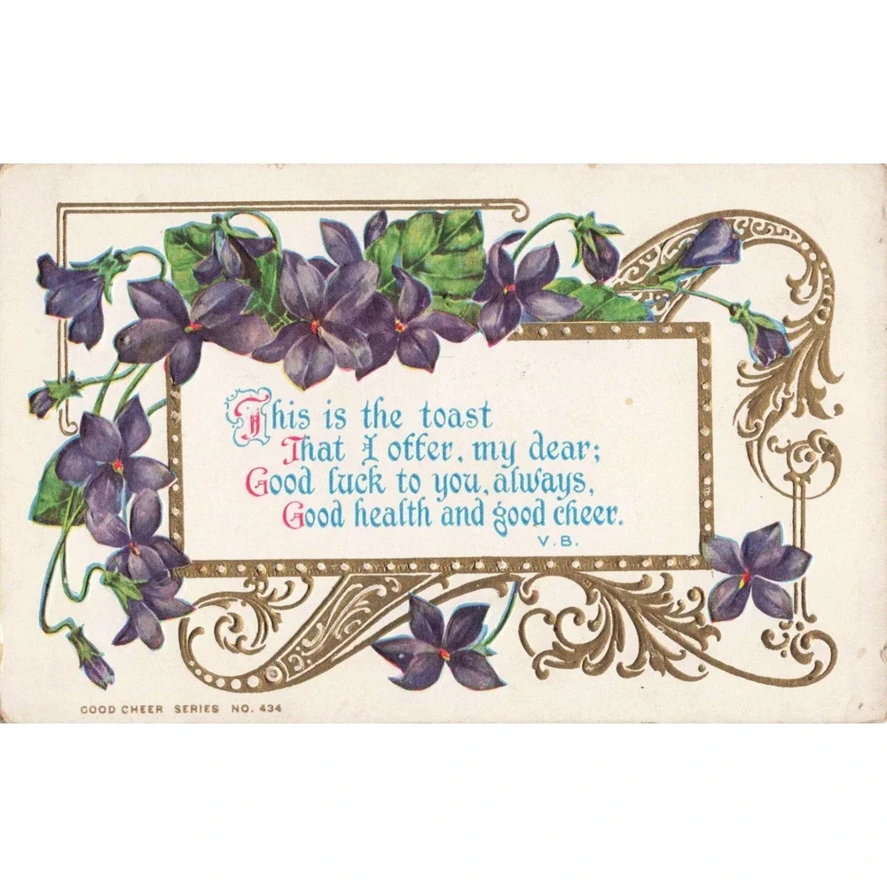 Vtg Good Cheer Series No 434 RPPC Postcard Violets Embossed 1920 Postmark