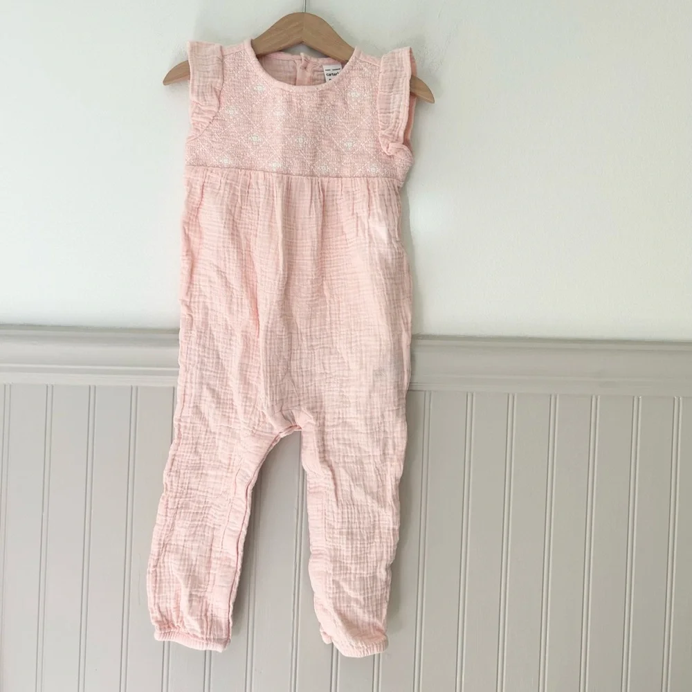 Carter's 24 Months Light Pink Cotton Gauze Flutter Sleeve Romper
