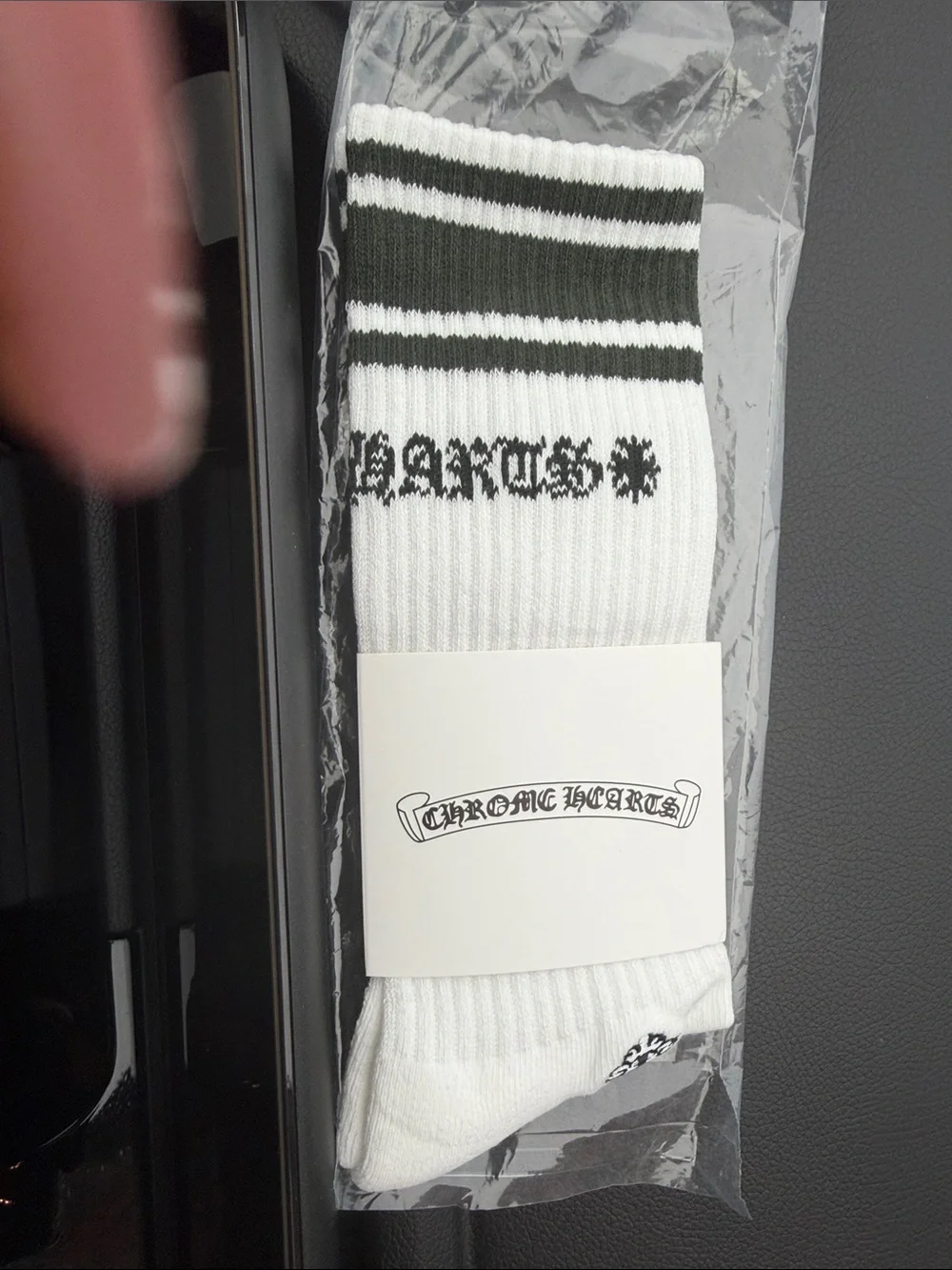 Chrome Hearts White Crew Socks with Black Logo and Dark Green Stripes