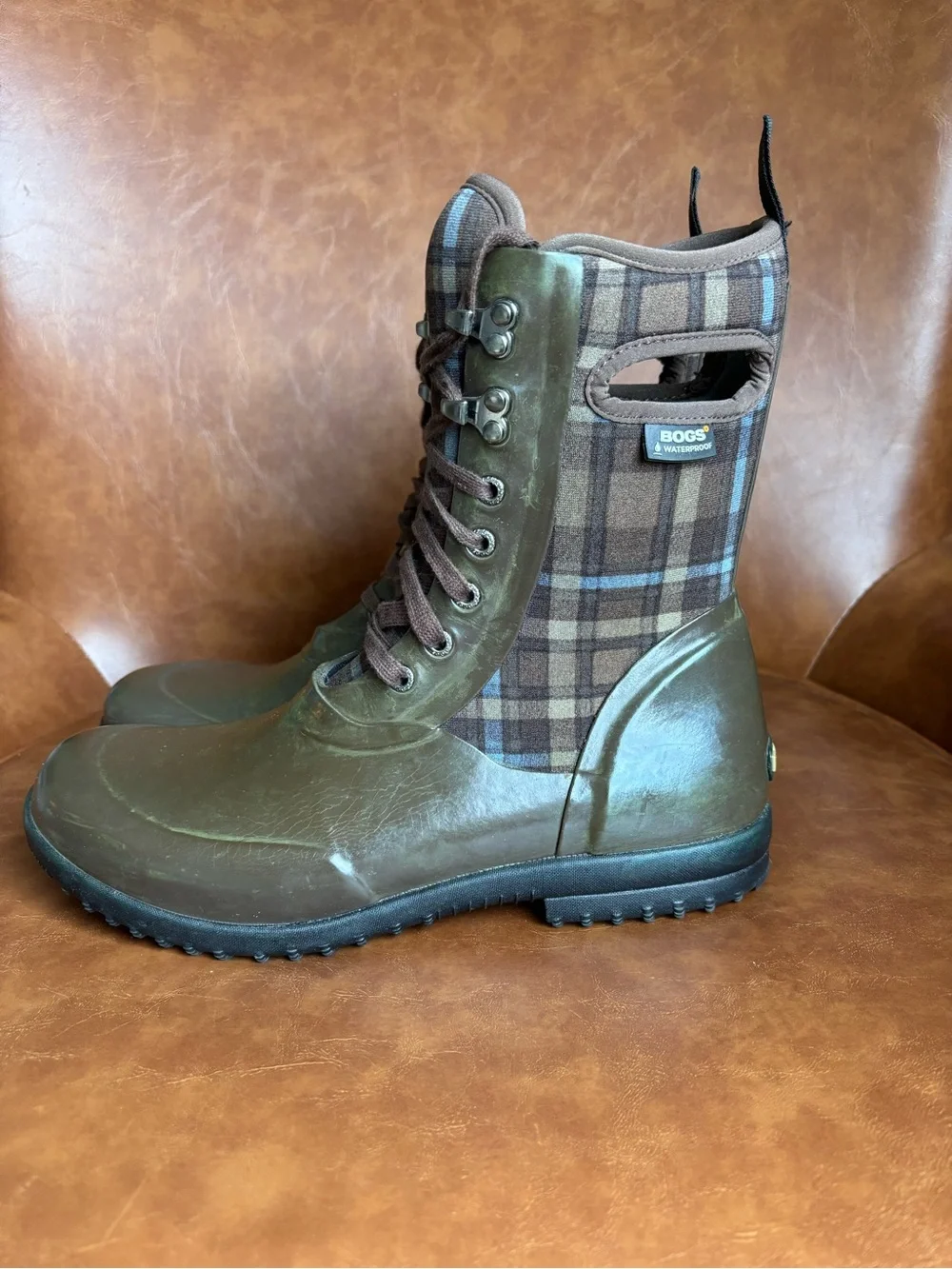 BOGS Sidney Plaid Olive Green Lace-Up Waterproof Rain Winter Boots Wonen’s 10