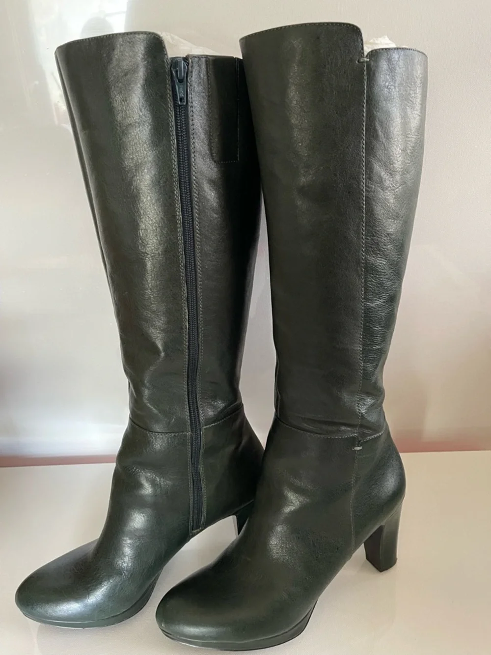 Nine West Tall Leather Boots Dark Green Sz 9.5M EUC Boho Fall Festival