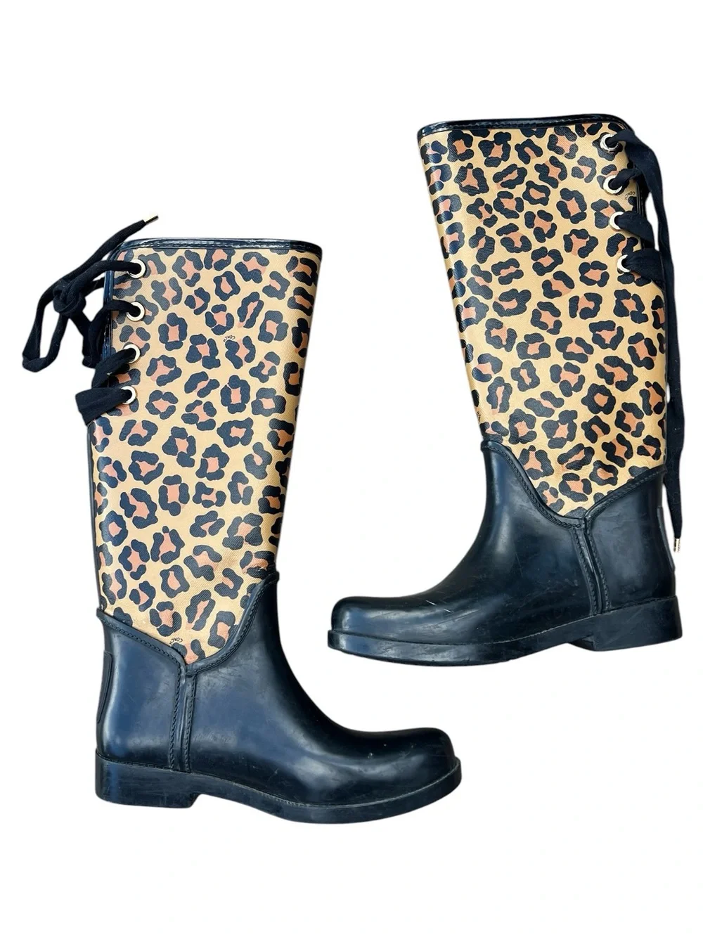 Coach Leopard Print Tall Rain Boots | Lace Back | Women’s Size 7