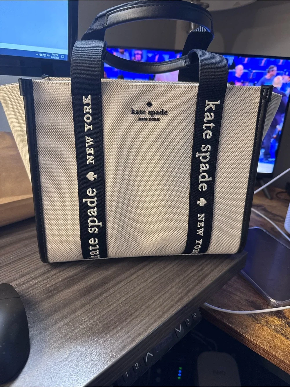 kate spade Cream Canvas Tote with Black Logo Straps