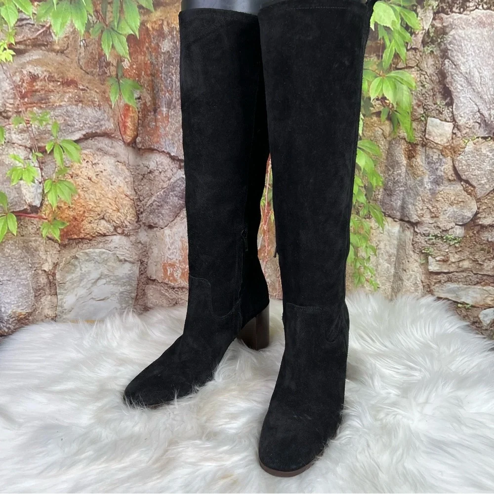 SAN MARINA Black Suede Quiet Luxury Block Heel Over the Knee Women's Boots, 38
