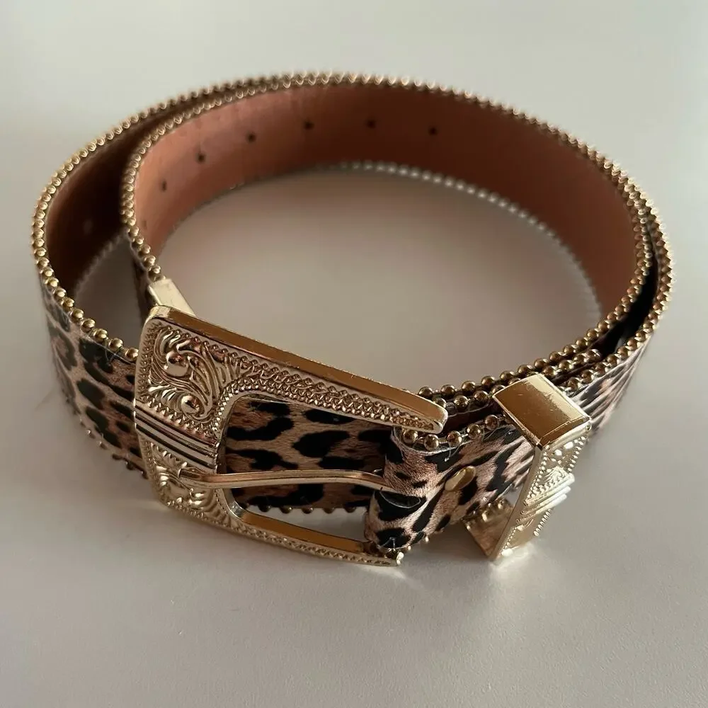 Faux Leather Leopard Cheetah Print Gold Accents Y2K Belt (OS1)