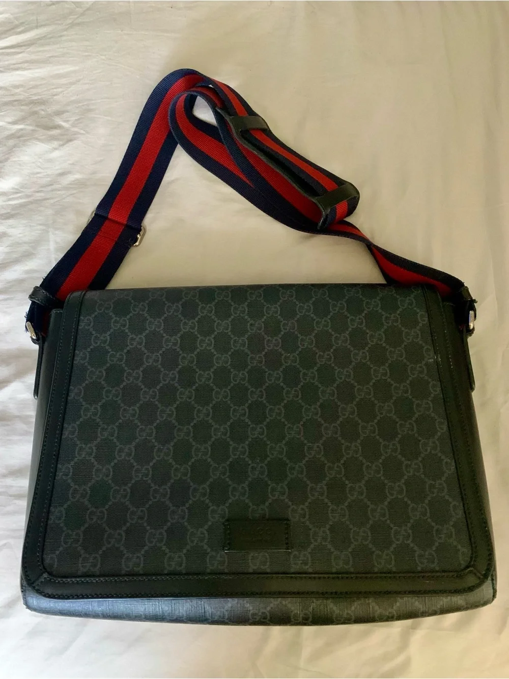 Gucci GG Monogram Messenger Bag Black/Gray Magnetic Closure Adjustable Web Strap