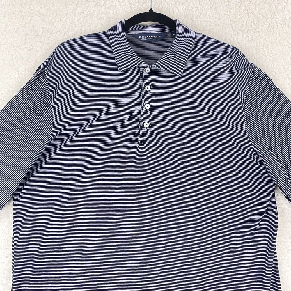 Ralph Lauren Blue White Stripe Golf Polo‎ Shirt Mens Short Sleeve Size Medium