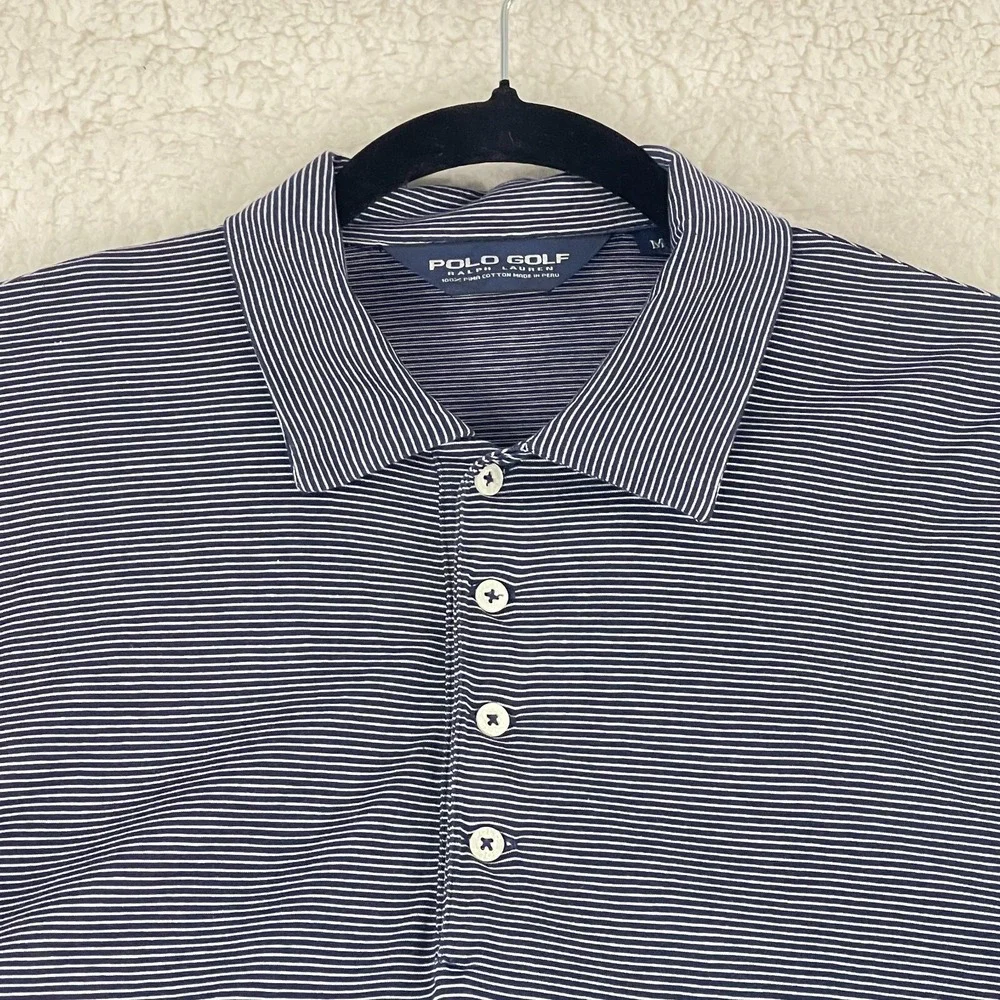 Ralph Lauren Blue White Stripe Golf Polo‎ Shirt Mens Short Sleeve Size Medium