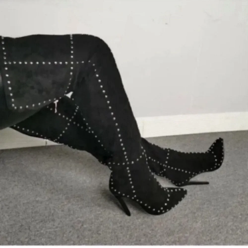 Black Faux Suede Studded Knee High Boots Size 36