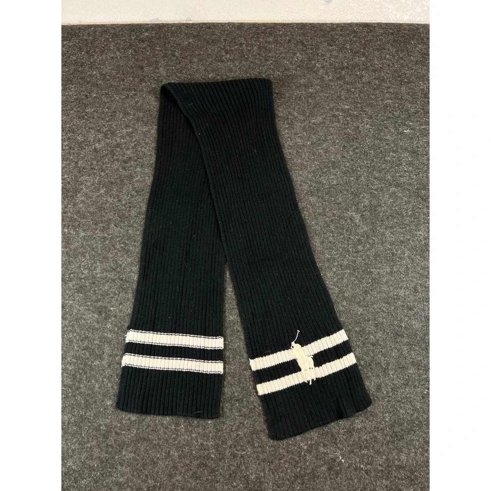 VTG 80s Polo Ralph Lauren Scarf Mens Black Big Pony Ribbed Knit One Size Preppy