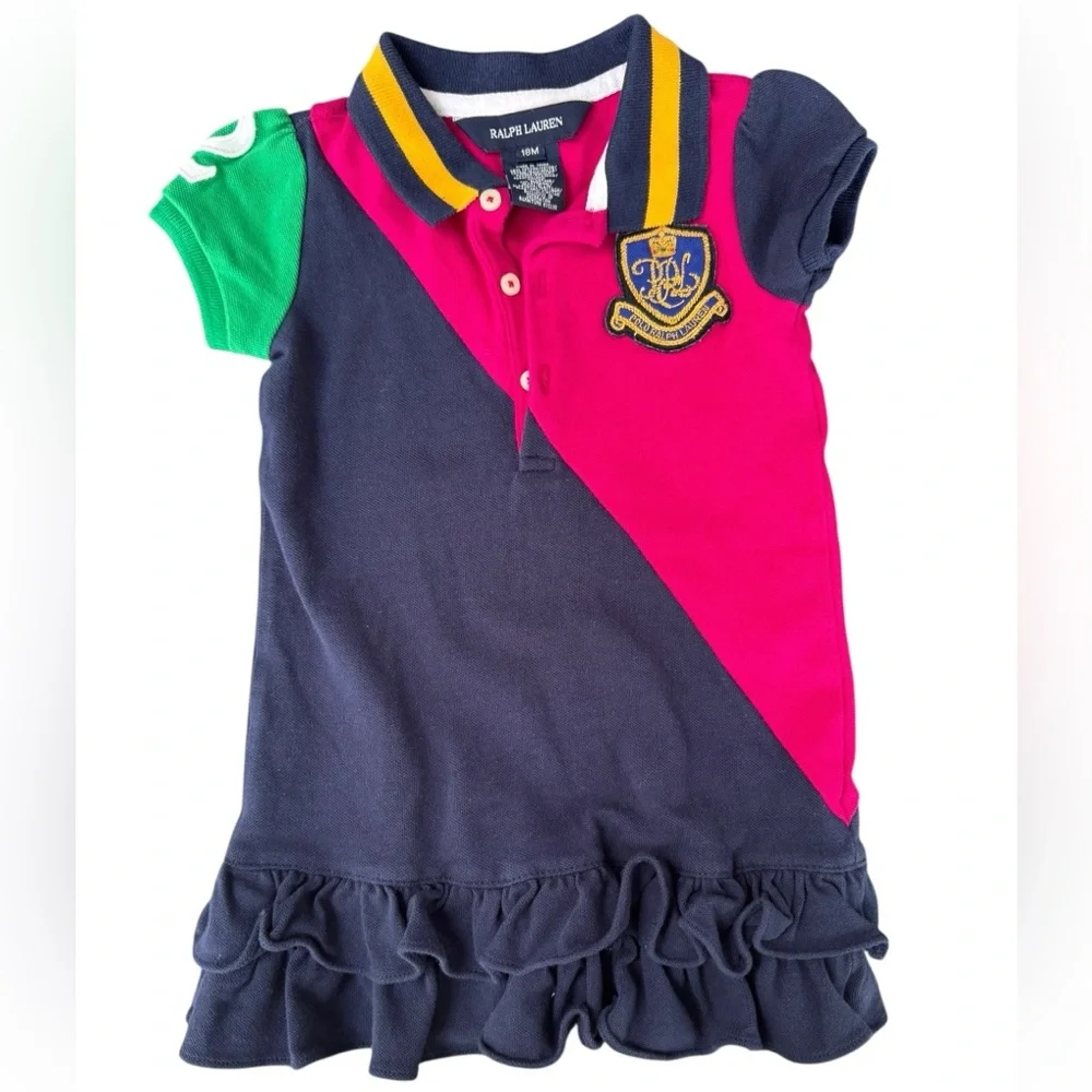 Ralph Lauren Dress Color-Block Pink Blue Green Crest Girls Size 18m Preppy‎