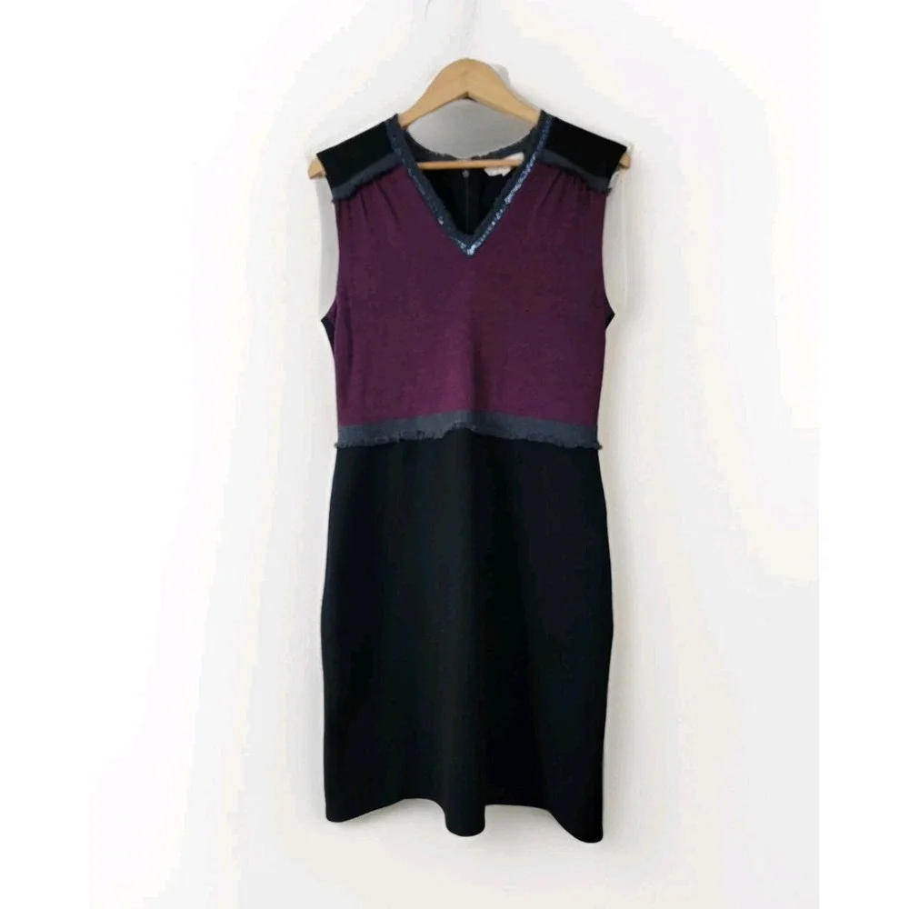 Tory Burch Women's Wool Blend Dress L Black Purple Sleeveless Sheath‎ Midi
