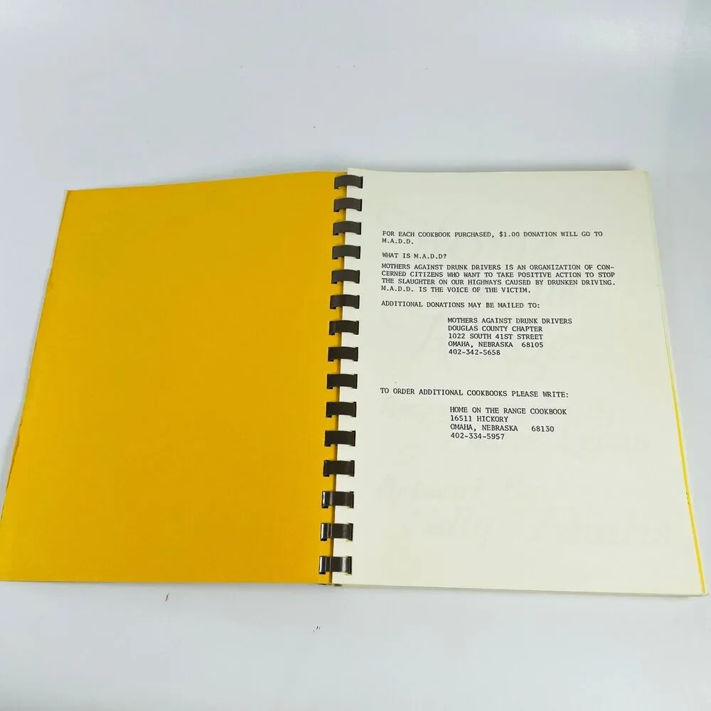 Home on the Range Cookbook  1980s Spiral Bound MADD Donation Omaha NE