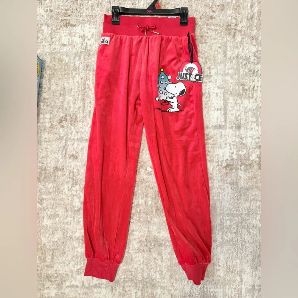 Justice Kids Red Snoopy Holiday Velour Limited Edition Sweatpant Joggers size 10