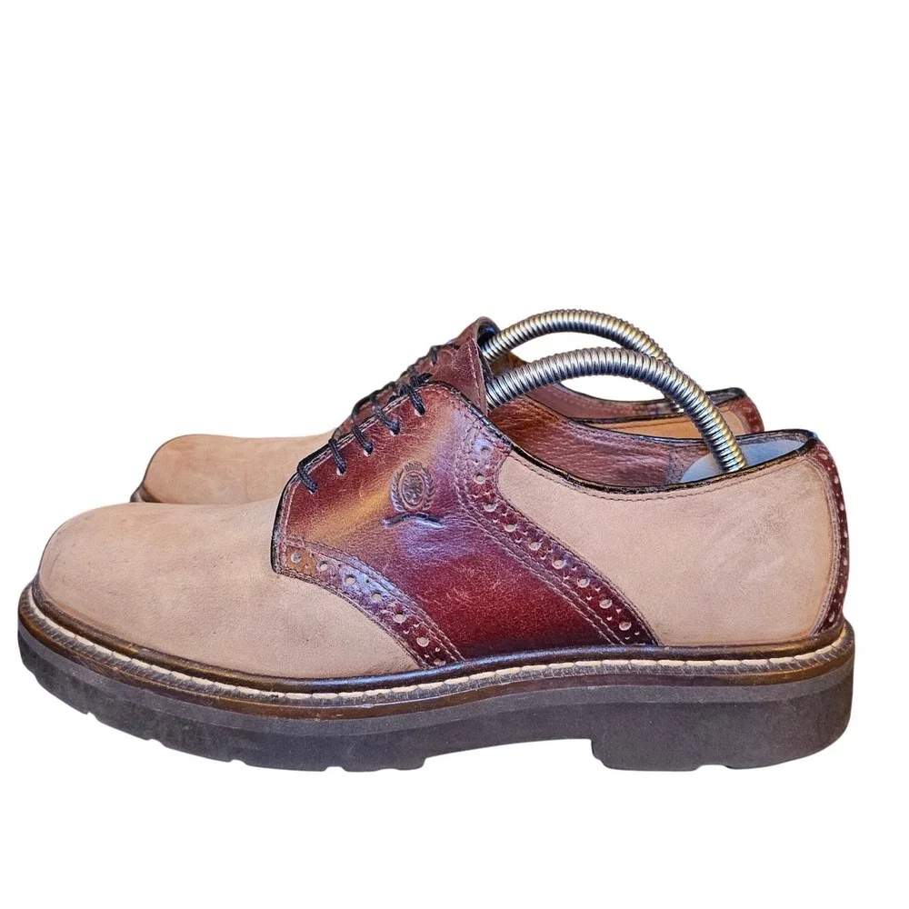 90s Vintage Tommy Hilfiger Men Saddle Shoe Tan Leather Suede Lace Up Size 7.5‎ M