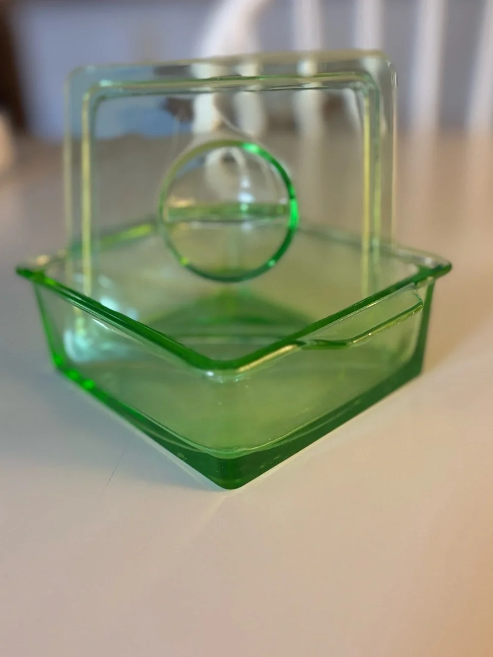 Vintage Hazel Atlas Green Uranium Glass Square Dish With Lid