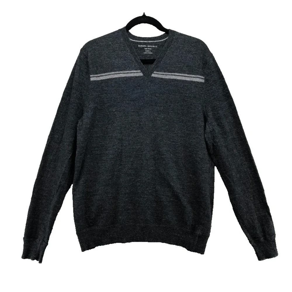 Banana Republic Wool Sweater Jumper Mens Large Gray Preppy Academia V Neck Y2K
