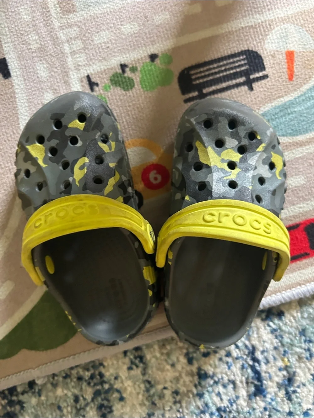 CROCS Kids Gray Camo Clogs with Yellow Strap Accents