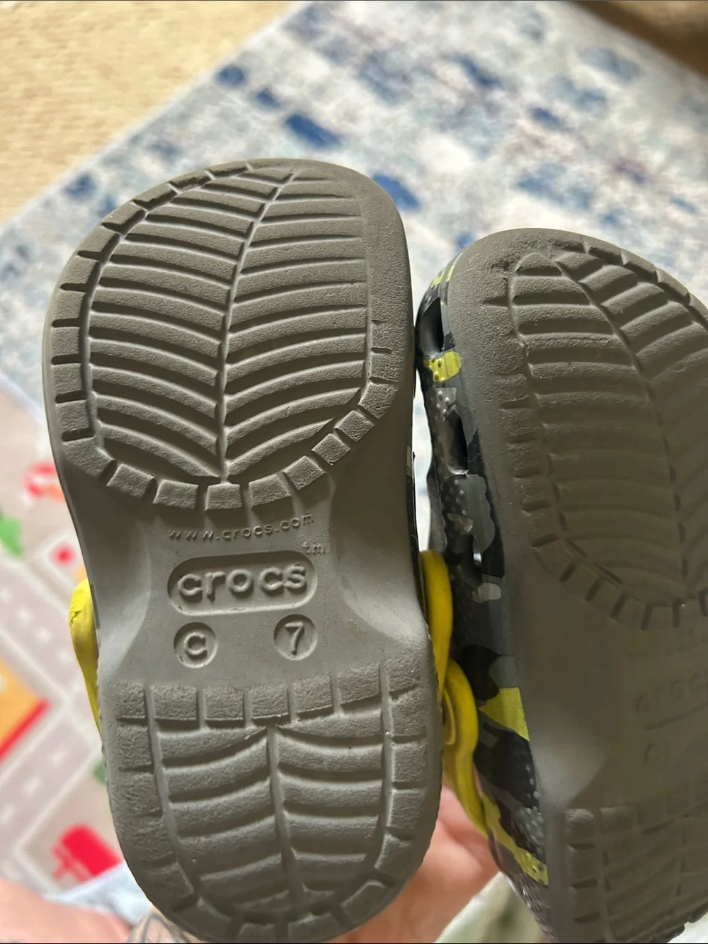 CROCS Kids Gray Camo Clogs with Yellow Strap Accents