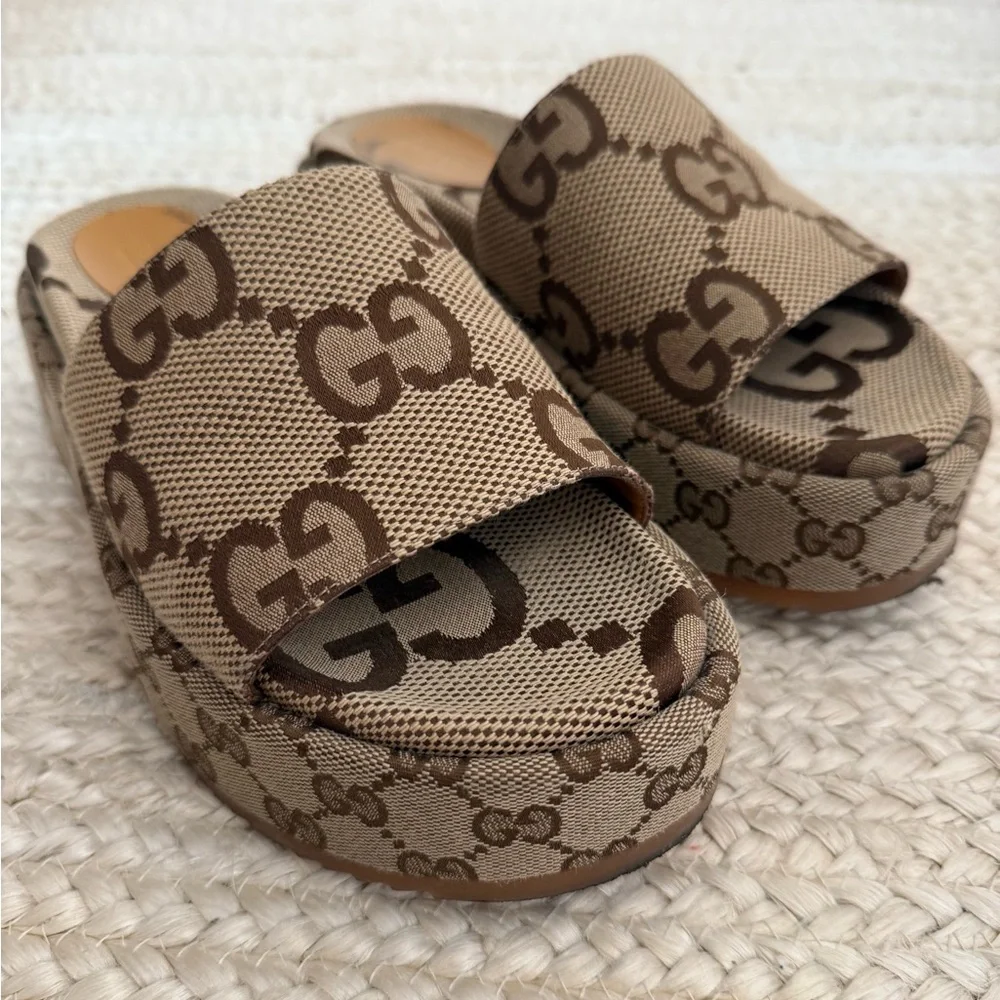 Gucci Beige Brown GG Canvas Platform Slide Sandals