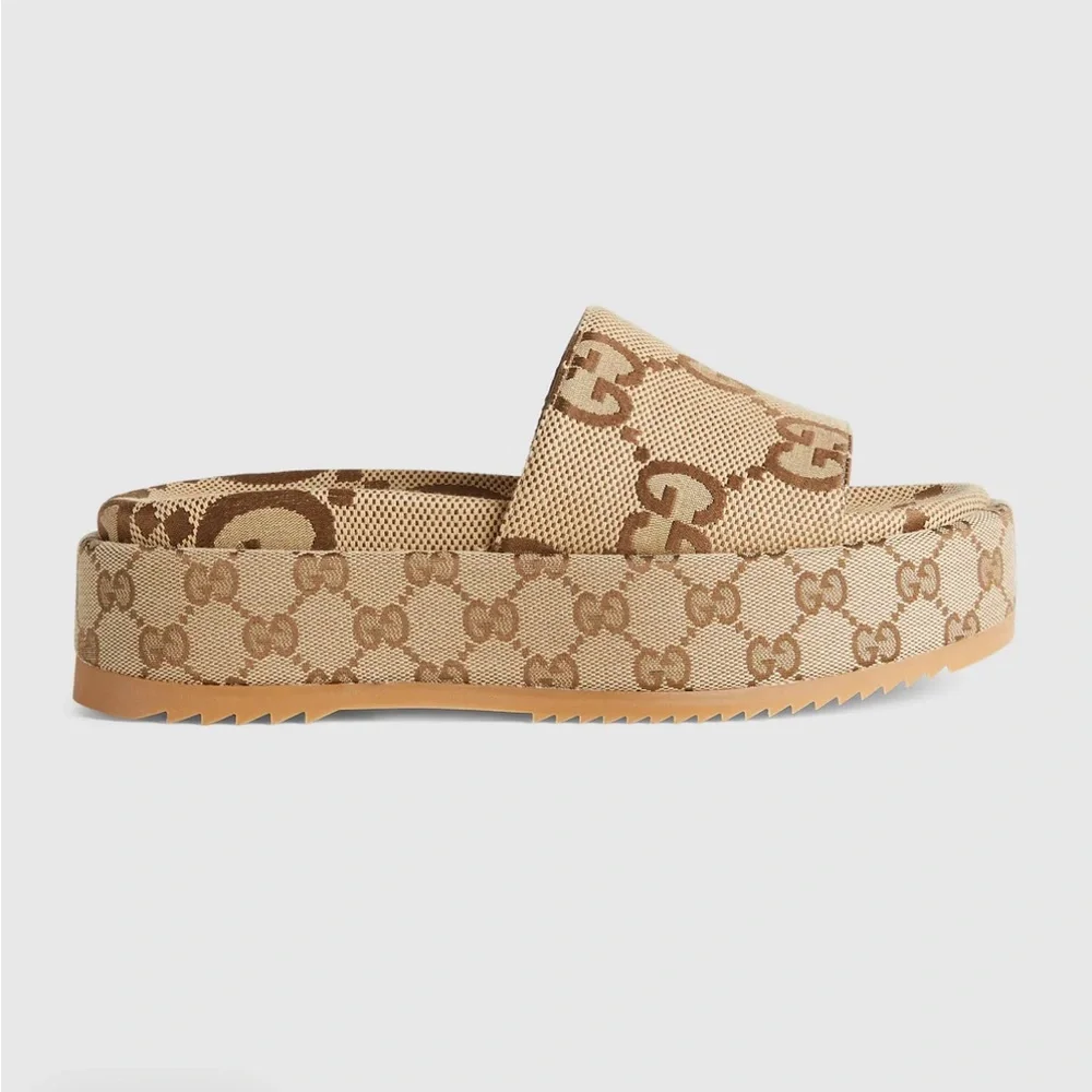 Gucci Beige Brown GG Canvas Platform Slide Sandals